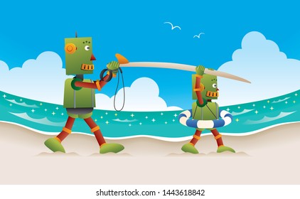 Father and kid robots walking on the beach with surfboard. 