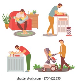 Father and kid walking outdoors vector, daddy feeding newborn kid with bottle, parent changing diapers on special table, perambulator stroller care