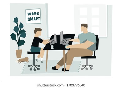 Father And Kid Work Or Study At The Desk In A Home Office Concept. Vector Clipart Adult Man, Male Figure And Teenager Boy Person Sitting In A Room With A Large Plant, Wheel Stool, Cat, Carpet.