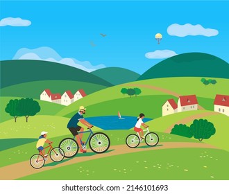 Father And Kids Biking On Hills Rural Road Poster. Dad, Daughter, Son Ride Bicycle Flat Color Vector Illustration. Family Active Sport Leisure Activity. Parent, Children Together Bicycling Background