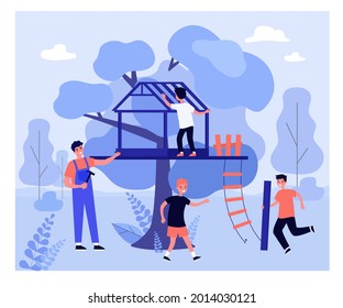 Father And Kids Building Treehouse Together. Man Holding Hammer And Nail, Son Carrying Wooden Plank Flat Vector Illustration. Family, Outdoor Activity Concept For Banner, Website Design, Landing Page