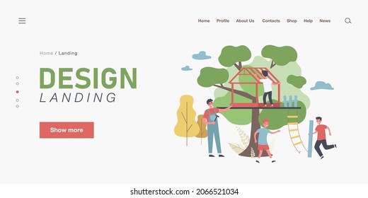 Father And Kids Building Treehouse Together. Man Holding Hammer And Nail, Son Carrying Wooden Plank Flat Vector Illustration. Family, Outdoor Activity Concept For Banner, Website Design, Landing Page