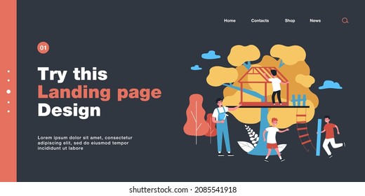 Father And Kids Building Treehouse Together. Man Holding Hammer And Nail, Son Carrying Wooden Plank Flat Vector Illustration. Family, Outdoor Activity Concept For Banner, Website Design, Landing Page