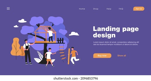 Father And Kids Building Treehouse Together. Man Holding Hammer And Nail, Son Carrying Wooden Plank Flat Vector Illustration. Family, Outdoor Activity Concept For Banner, Website Design, Landing Page