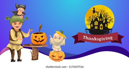 Father with kids carving Hallows pumpkin poster svg