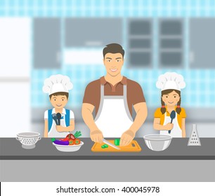 Father And Kids Cooking Together At A Kitchen. Dad Cuts Vegetables For Salad, Happy Little Son And Daughter Help Him. Asian Family Domestic Pastime Background. Vector Flat Illustration