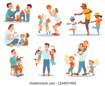 Father with kids. Dad daughter and son spend time together. Boy and girl with parent. Joint weekends. Man playing, walking and reading with children. Vector families