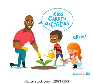 Father and kids engaged gardening in the backyard. Girl and boy planting flowers in the garden. Eco concept. Montessori education activities. Organic gardening. Vector illustration.