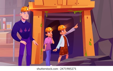 Father and kids exploring dungeon together. Vector cartoon illustration of dad and children enjoying exploration game in mountain mine with sticky slime on wall, wearing helmets with lamps, family fun