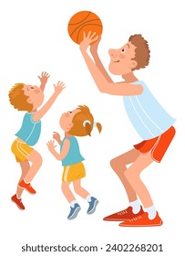 Padre con hijos. La familia juega al baloncesto. Los padres pasan tiempo junto con sus hijos. Papá y los niños tiran pelota. Ejercicios activos. Juego de Streetball. Vector