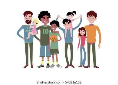 Father kids family son and daughter vector together  Father's day.  Dad and children characters fatherhood set illustration in a flat style isolated on white background
