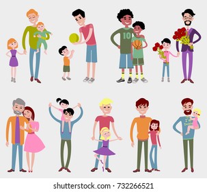 Father kids family son and daughter vector together  Father's day.  Mom dad and children characters fatherhood set illustration in a flat style isolated on white background