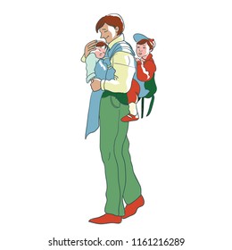 Father with kids. Happy father wearing a sling. Hand drawn vector illustration isolated on background. Family time, happy people. Doodle style illustration.
