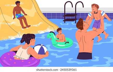 Father and kids have fun in water in summer. Happy people playing in swimming pool, slide on waterslide. Children floating on inflatable circles in aquapark in summertime. Flat vector illustration