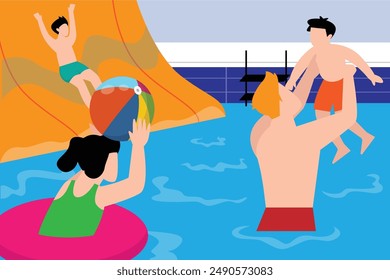 Father and kids have fun in water in summer. Happy people playing in swimming pool, slide on waterslide. Children floating on inflatable circles in aquapark in summertime 2d flat vector illustration