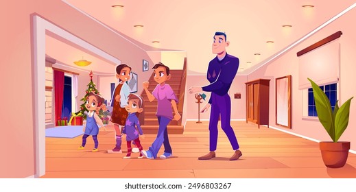 Father and kids at home on X-mas eve. Vector cartoon illustration of happy family in house hallway, living room decorated for winter holidays, gift boxes under tree, happy man smiling at children