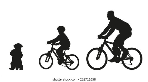 Father and kids on bike. Vector silhouette