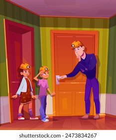 Father and kids playing at home. Vector cartoon illustration of dad and children enjoying hide and seek game together, hiding in house corridor with doors, wearing helmets with head lamps, family fun