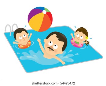 Father and kids playing in a pool (Hispanic)