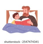 Father and kids reading fairytales in bed.Dad reads his son a book before bed.