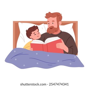 Father and kids reading fairytales in bed.Dad reads his son a book before bed.