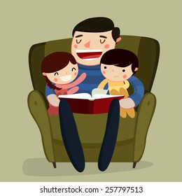 father and kids reading. family reading. cartoon characters. vector illustration