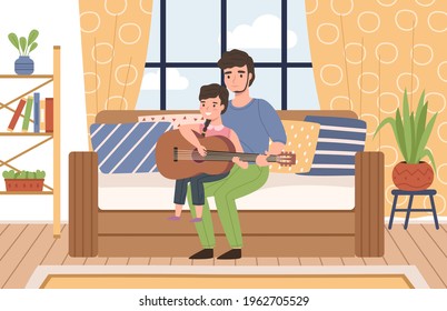 Father kids time. Happy dad teaches cute little daughter play music on guitar, parent and child in room interior on sofa, family weekend activity together vector cartoon parenthood concept