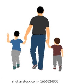 Father with kids vector illustration isolated on white background. Dad and two sons holding hands and walking on street. Fathers day. Closeness, tenderness in public. Happy family, parent and children