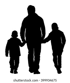 Father with kids vector silhouette illustration isolated on white background. Dad and two sons walking the street and holding hands. Fathers day. Closeness and tenderness in family. 