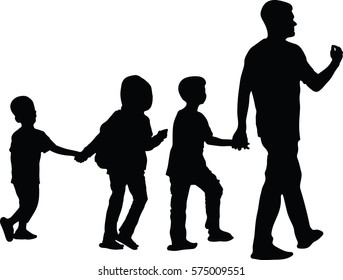 Father with kids vector silhouette illustration isolated on white background. Dad and three sons walking the street and holding hands. Fathers day.