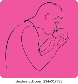 father kissing baby in a warm hug line art vector illustration. One line drawing and continuous style isolated on pink background  
