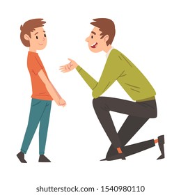 Father Kneeling before His Son, Dad and Son Spending Good Time Together Vector Illustration