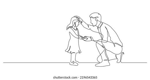 father kneeling and rub his daughter gently on head in continuous line drawing vector illustration