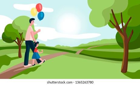 Father Leading His Daughter To School. Portrait Of Modern Family Walking Together. Dad And Little Girl Holding Hands. Colorful Vector Illustration In Flat Style.