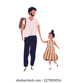 Father leading his pupil daughter to school. Portrait of modern family walking together. Dad and little girl holding hands isolated on white background. Colorful vector illustration in flat style.