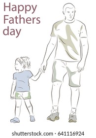 Father leads a little girl by the hand. Walk with children. Illustration on the theme of Father's Day and Parental Care
