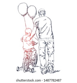 Father learn his little son to ride a bicycle. Ink sketch effect