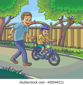 Papá aprende a su hijo pequeño a montar en bicicleta. Ilustración vectorial.