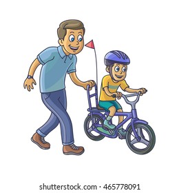 Father learn his little son to ride a bicycle. Vector Illustraion.