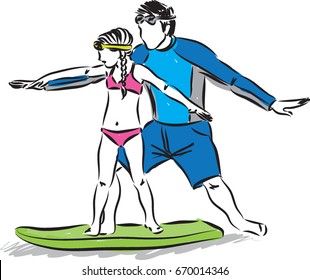  father learning to surf daughter vector illustration