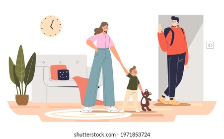 Father left kids with nanny at home. Female babysitter caring of small son and daughter during work day and parent absence. Home education and babysitting occupation. Cartoon flat vector illustration