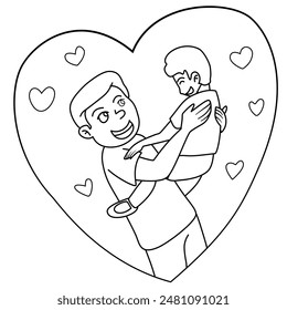The father lifted his son up with a happy expression. vector father's day coloring page