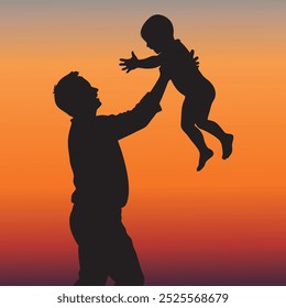 Father Lifting baby Silhouette on the sunset background