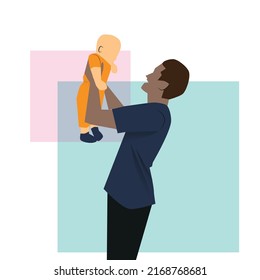 Father Lifting Child Baby In Vector Illustration For Father's Day