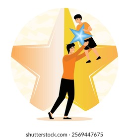 Father lifting child holding a star, conveying themes of togetherness, support, and encouragement against a graphical large star backdrop. Flat vector modern illustration 