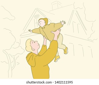 The father is lifting the cute child high. hand drawn style vector design illustrations. 