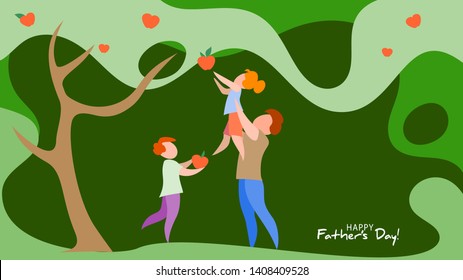 Father lifting up his daughter for apple fruit picking. Happy father's day card. Flat style. Vector illustration
