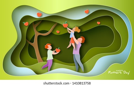 Father lifting up his daughter for apple fruit picking. Happy fathers day card. Flat style. Vector illustration