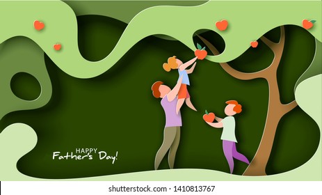 Father lifting up his daughter for apple fruit picking. Happy fathers day card. Flat style. Vector illustration