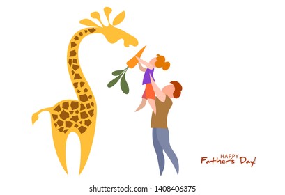 Father lifting up his daughter to feed giraffe. Happy father's day card. Flat style. Vector illustration